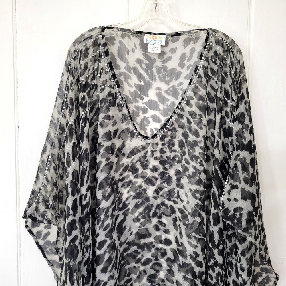 Sol & Mer Sheer Animal Print Caftan Poncho Swim Cover-Up - Picture 2 of 4